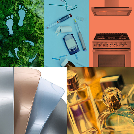 Six-panel collage showing: white footprints and recycling symbols on green moss; diabetes supplies with glucose meter and insulin pen on blue background; orange copper kitchen stove with vent hood; curved metallic panels in silver, rose gold, and gray; and glass perfume bottles glowing with golden light.