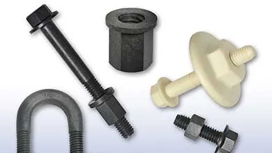 Assorted industrial fasteners: gray U-bolt, black hex bolt with nut, cream bolt with disc head, thick gray nut, and short bolt with two nuts.