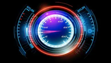 Futuristic digital gauge with a red needle pointing to 66 on a blue and purple dial, encircled by glowing red and blue rings.