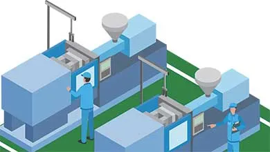 Illustration of a factory with two workers in blue uniforms; one operates a large blue machine, while the other points at a second machine and holds a clipboard.