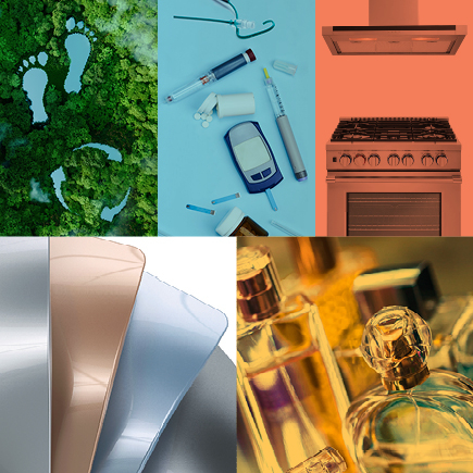 Six-panel collage showing: white footprints and recycling symbols on green moss; diabetes supplies with glucose meter and insulin pen on blue background; orange copper kitchen stove with vent hood; curved metallic panels in silver, rose gold, and gray; and glass perfume bottles glowing with golden light.