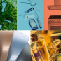 Six-panel collage showing: white footprints and recycling symbols on green moss; diabetes supplies with glucose meter and insulin pen on blue background; orange copper kitchen stove with vent hood; curved metallic panels in silver, rose gold, and gray; and glass perfume bottles glowing with golden light.