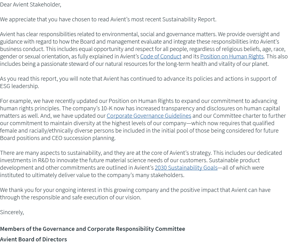 Dear Avient Stakeholder, We appreciate that you have chosen to read Avient s most recent Sustainability Report   Avie   