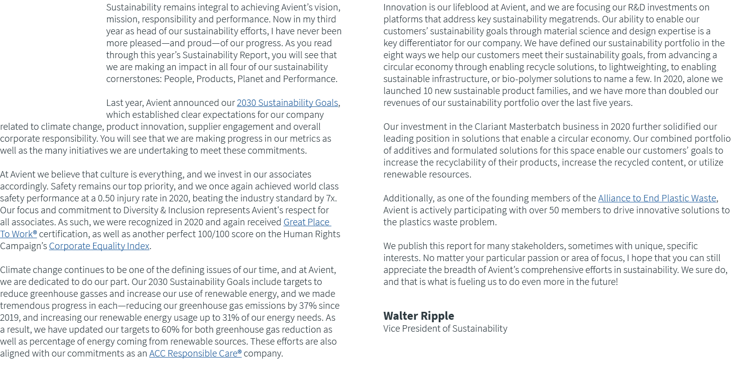Sustainability remains integral to achieving Avient s vision, mission, responsibility and performance  Now in my thir   