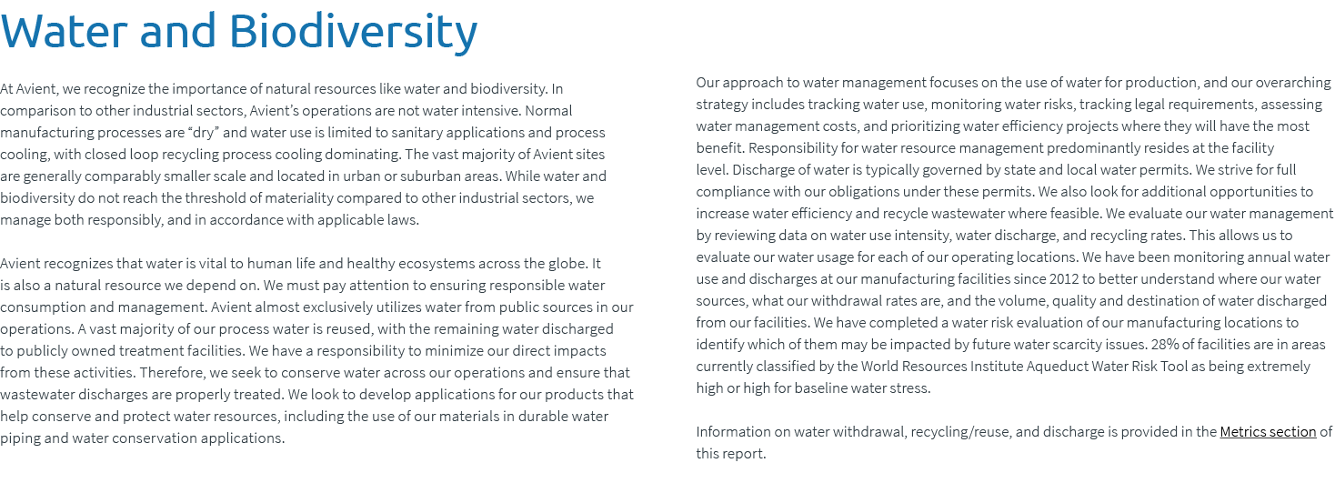 Water and Biodiversity At Avient, we recognize the importance of natural resources like water and biodiversity. In co...